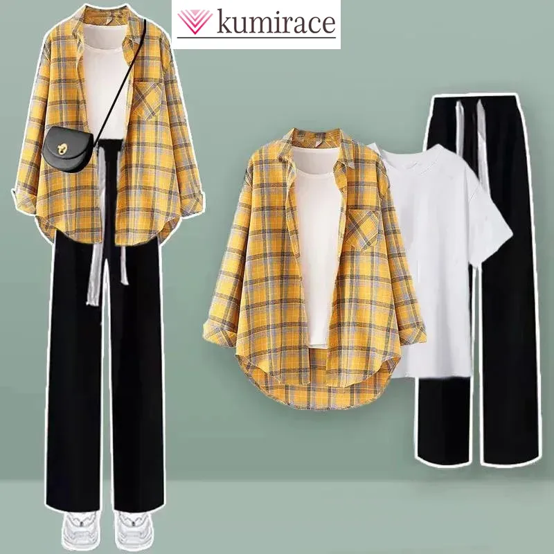 Casual Wide Leg Pants Three Piece Set Elegant Women\'s Pants Set Tracksuit Checkered Patchwork Chiffon Shirt White T-shirt Blouse