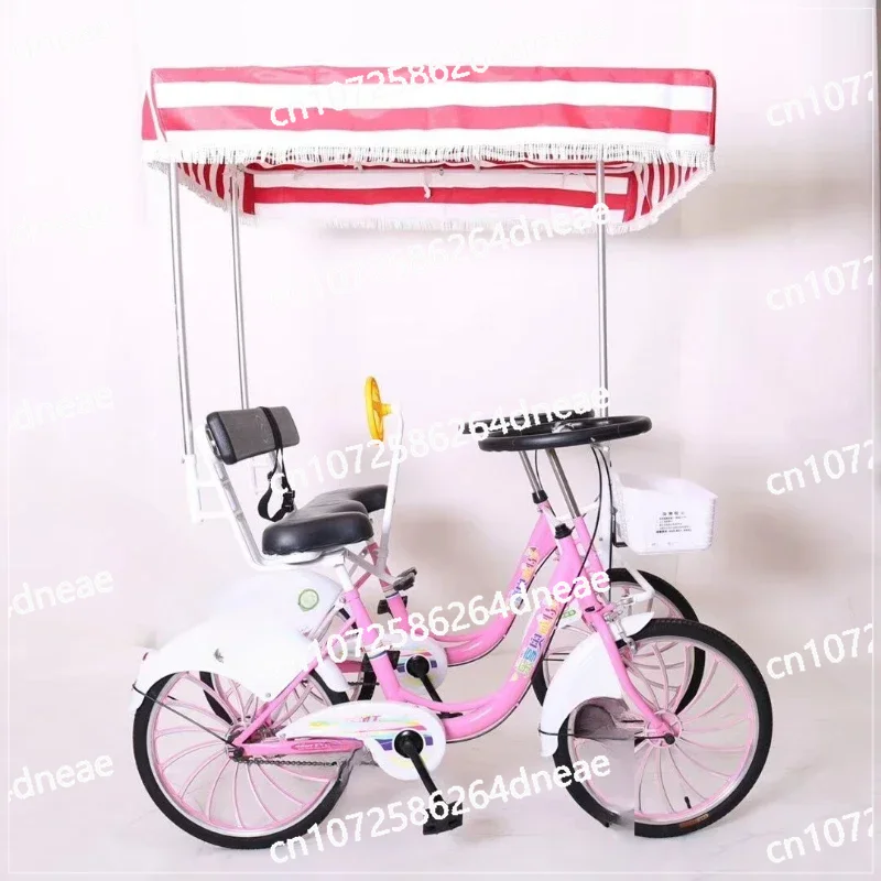 Four-wheeled tandem bicycle two riding couple parent-child three traveling scenic taxi