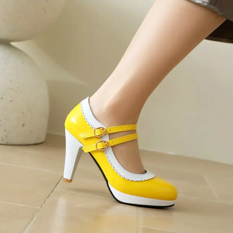 Yellow White Mixed Color Closed Toe Double Buckle Belt Lady Classic Pumps Big Size 47 48 Platform High Heels Mary Janes Shoes