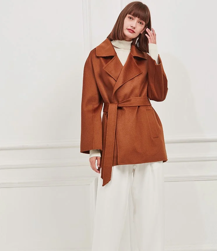 Autumn Coat for Women 2026 Winter 100% Cashmere Water Ripple Camel Coat Loose Pumpkin Color High-end Fashion Elegant