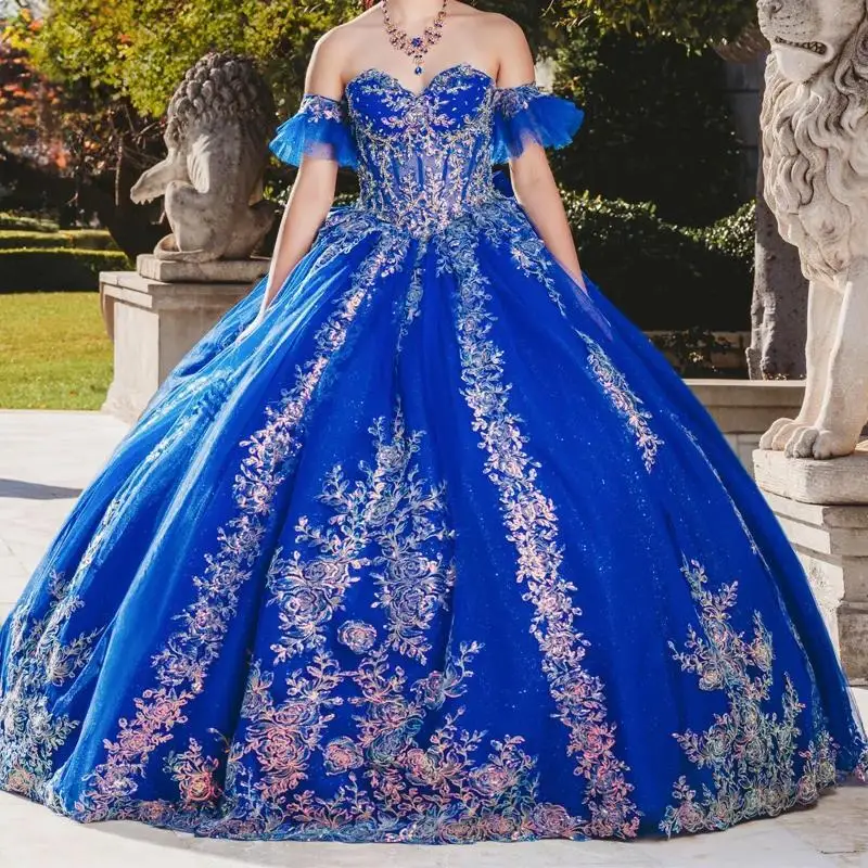 

Royal Blue Shiny Quinceanera Dress Ball Gown Off The Shoulder Lace Applique Bow Beading Tull Corset Sweet 16 Vestidos De 15 Anos