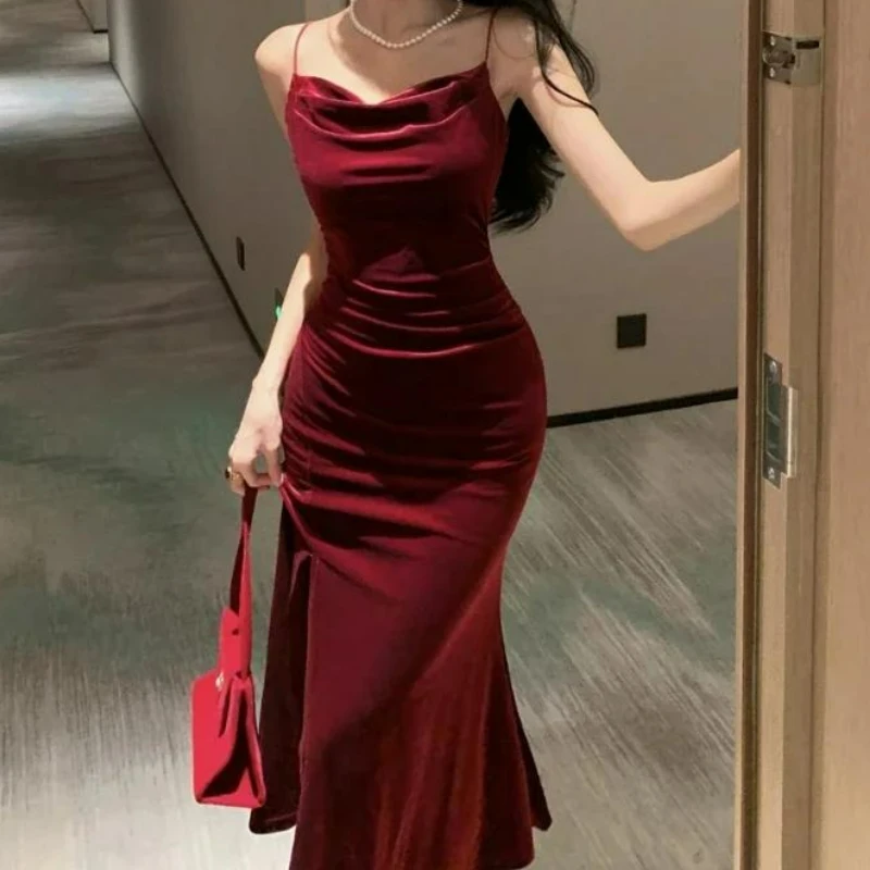 خمر مثير نادي حفلة موسيقية فساتين حمراء للنساء السباغيتي حزام شق المخملية فستان الشاطئ ضمادة Bodycon ميدي فستان حفلة أنيقة #1