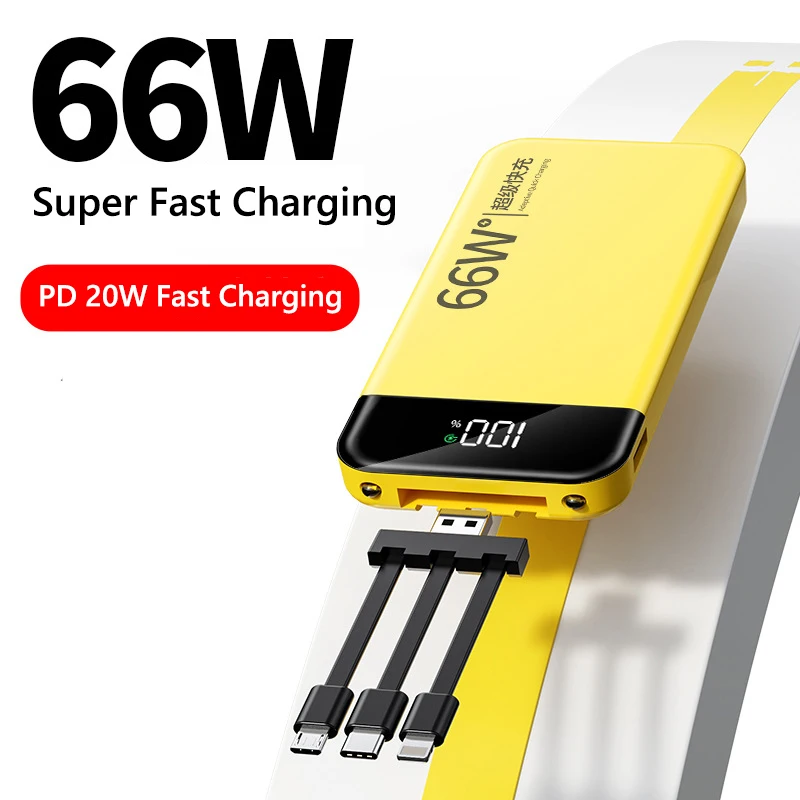 Powerbank 20000mAh Portable Comes with Cable 66W Super Fast Charger for iPhone 15 14 13 Xiaomi External Battery Pack Power Bank