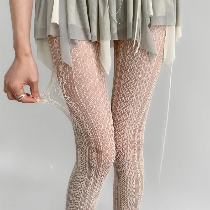 

Women Sexy Striped Vertical Grain Lace Tights Hollow Out Wide-strip Circles Pantyhose JK Mesh Breathable Fishnet Stockings
