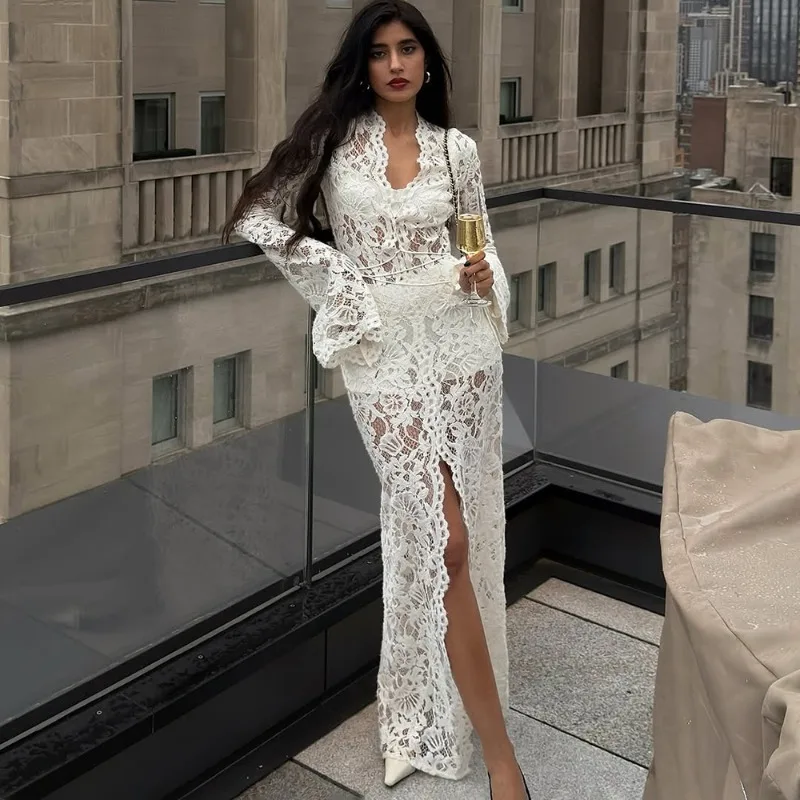 

Tuularose White Lace Long Dress Elegant Lace Patchwork Lace Lace-up Slit V Neck Sexy Long Dress Luxury Women Party Evening Dress