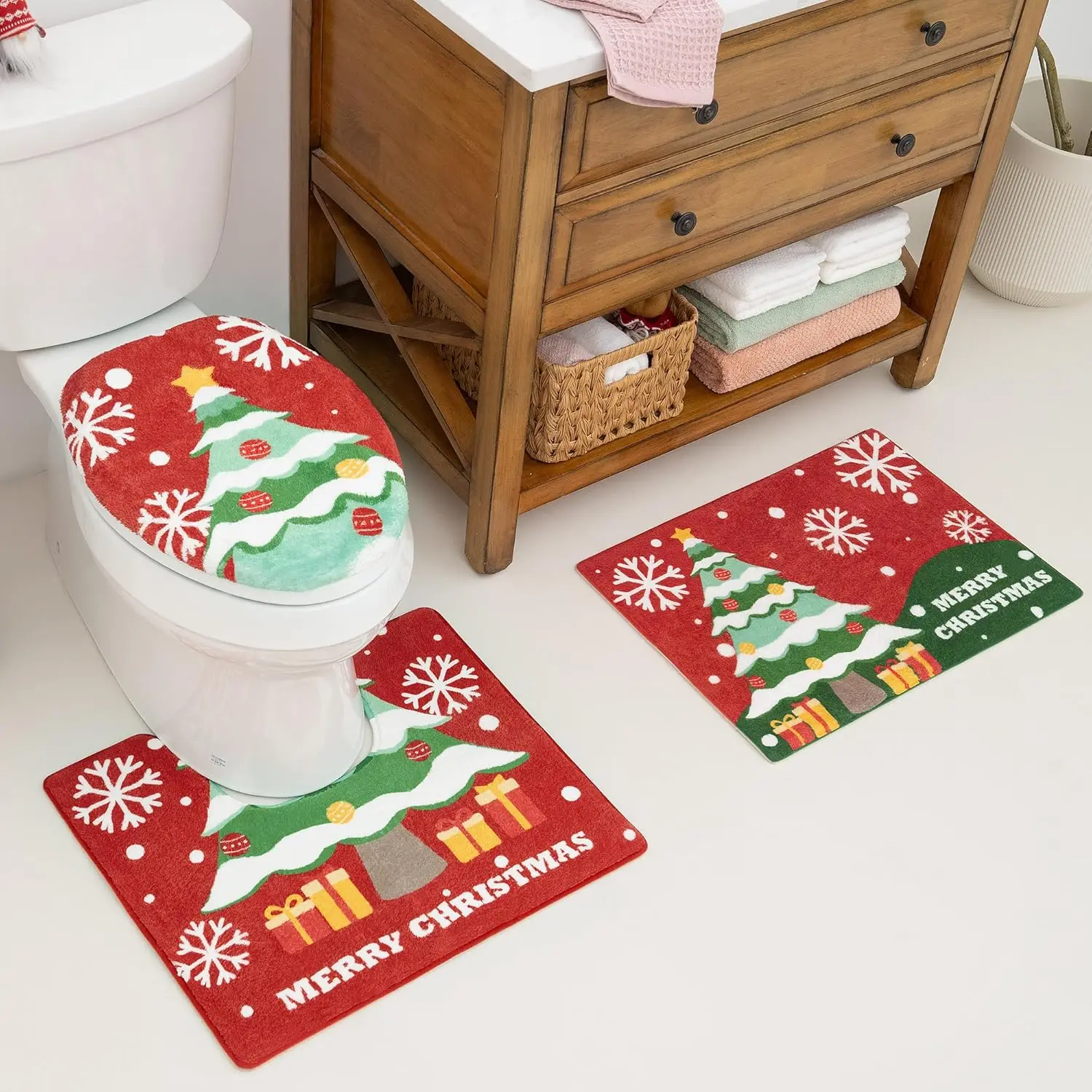 

Cartoon Christmas Themed Pattern Bathroom 3Pcs/set Mats Home Flannel Decoration Accessories Floor Rug Toilet Cover 40*60/50*80CM