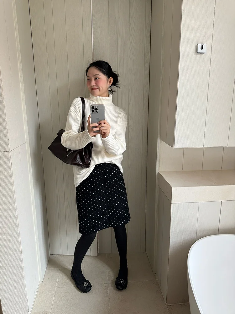 

High Waist Polka Dot Woolen Skirt Women's Fashion Korean Style Midi A-Line Skirt Slimming Trendy Commute Casual Daily