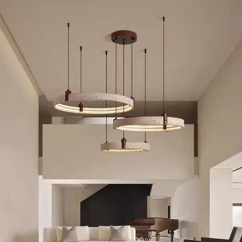 Modern high-end natural yellow cave stone pendant light, simple art circular LED pendant light