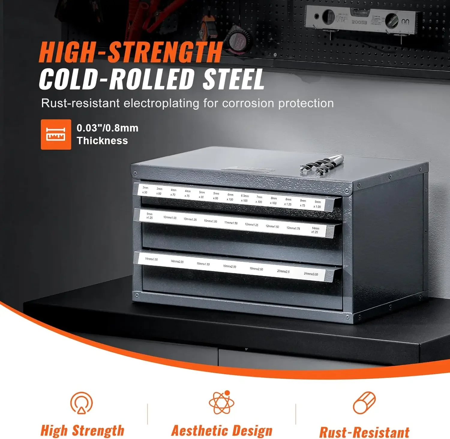 Tap Organizer Cabinet - Three-Drawer, 29-Compartment, Stackable with Labels for 3mm-24mm Steel Tap Storage