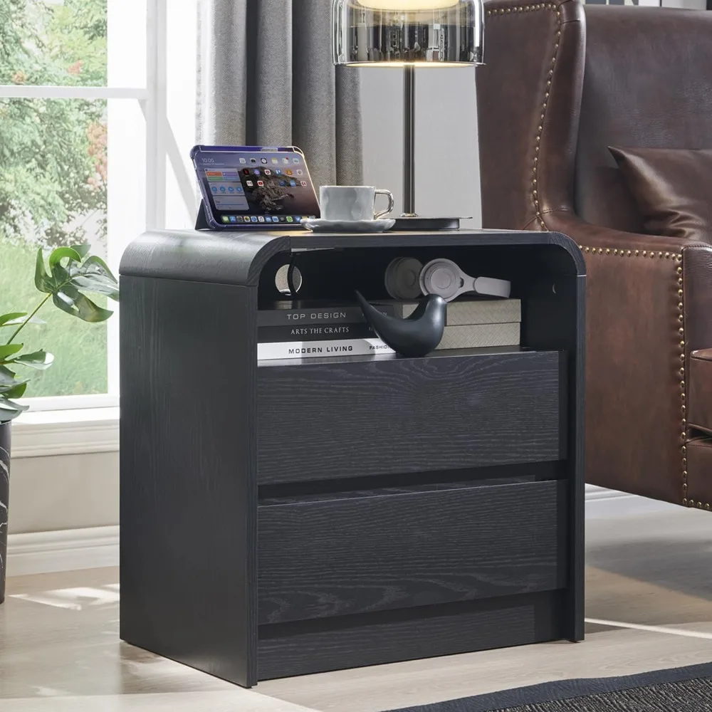 

25" Tall Modern Nightstand with Charging Station, 23.6'' Wide Wood Bedside Table w/2 Storage Drawers, Large Mid Century End Tabl
