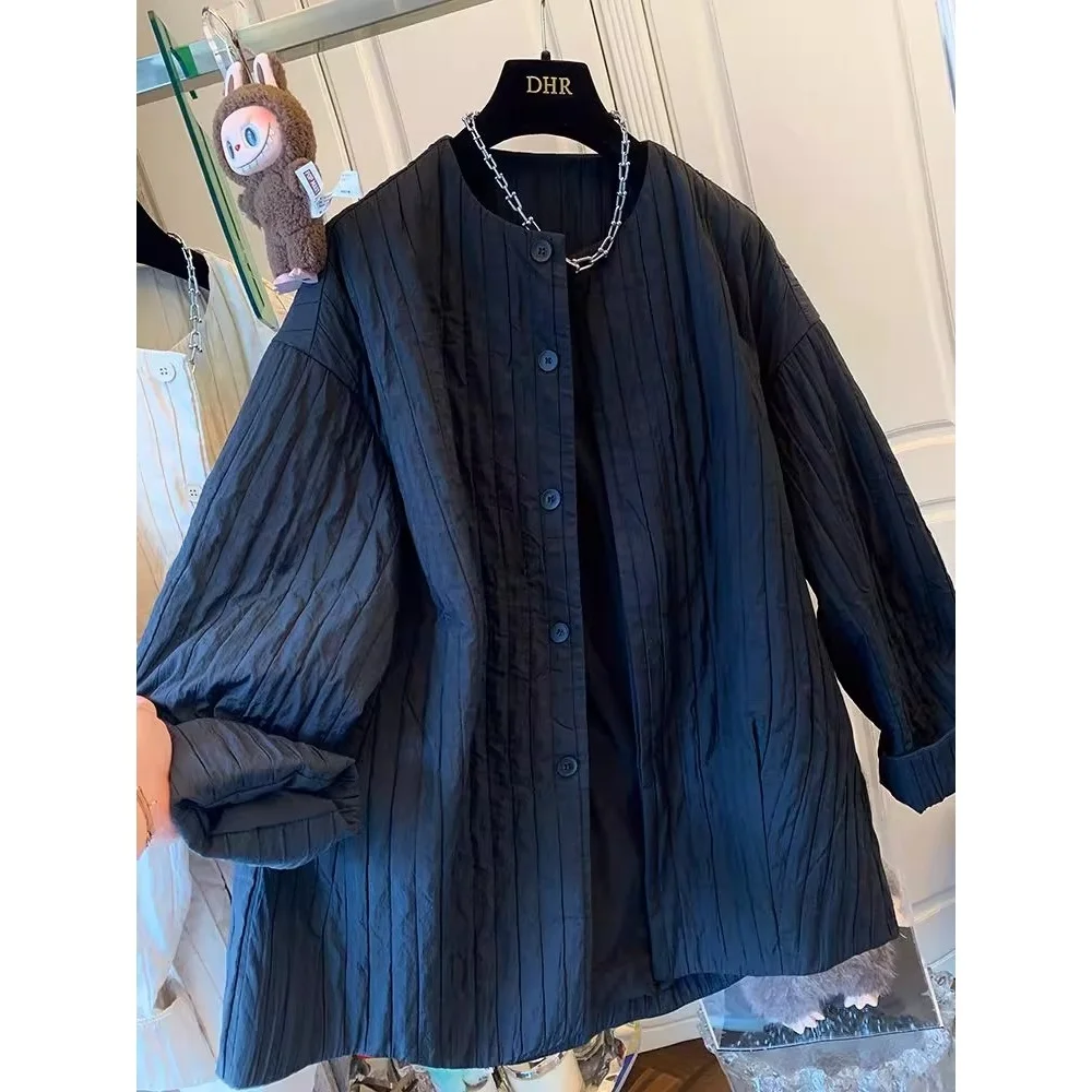 

plus Size Autumn Winter Striped Jaet Women's Loose Fit Slimming Korean Sle Outerwear Casual Long Sve irt for Heavy MM