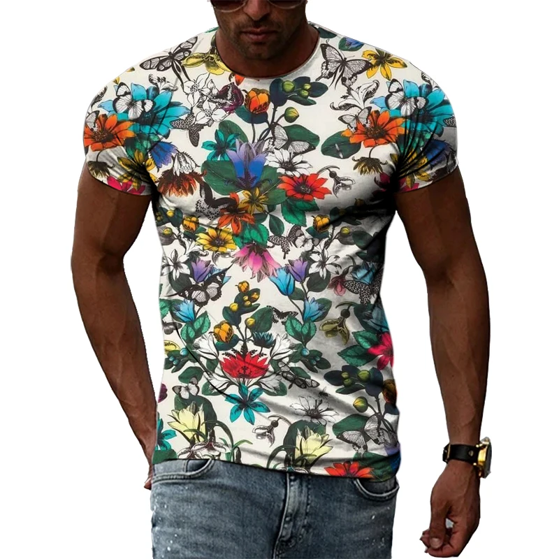 Summer Hand Painted Flora and Fauna graphic t shirts Men 3D Personality Printing Tees Unisex Creative Harajuku Short Sleeve Tops