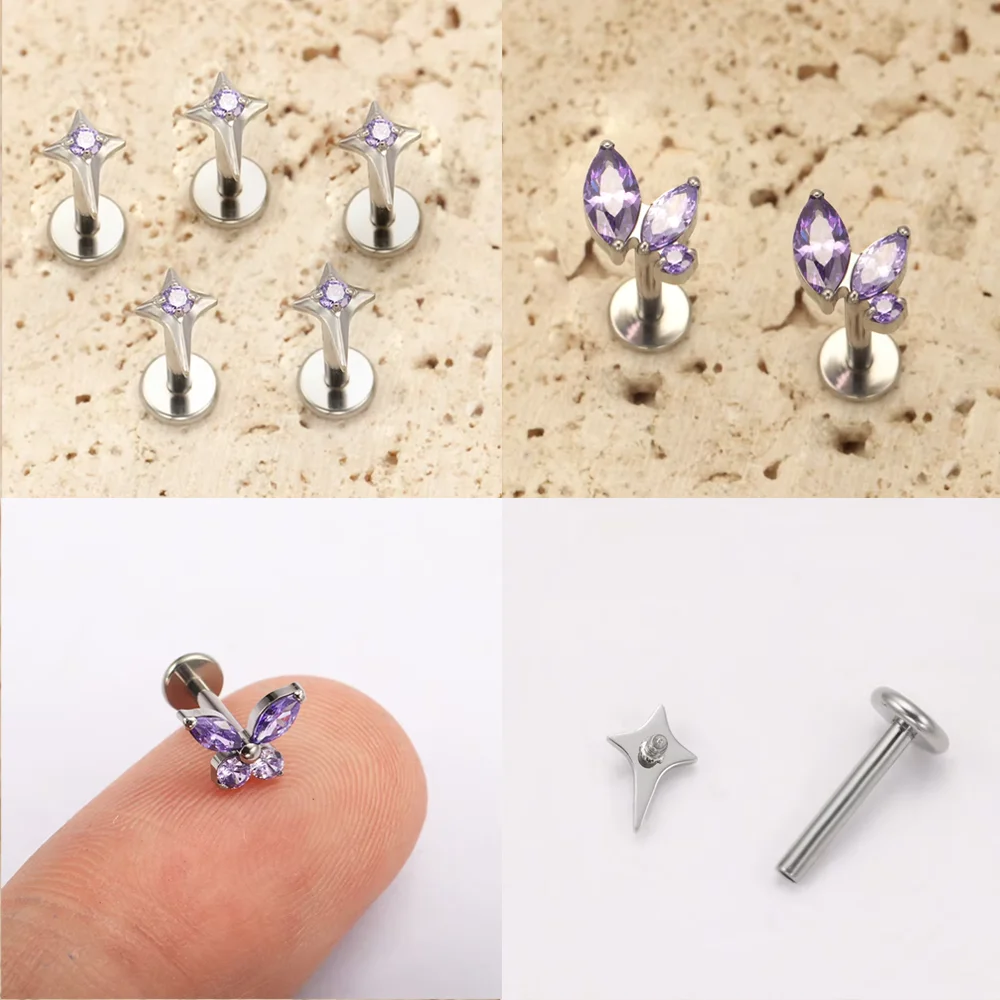 F136 Titanlegierung, modisches lila Zirkonia-Ohrstecker-Set mit Knorpel-Piercing, Lippen-Ohrstecker und Ohrläppchen, Körperpiercing-Schmuck – Detail 7