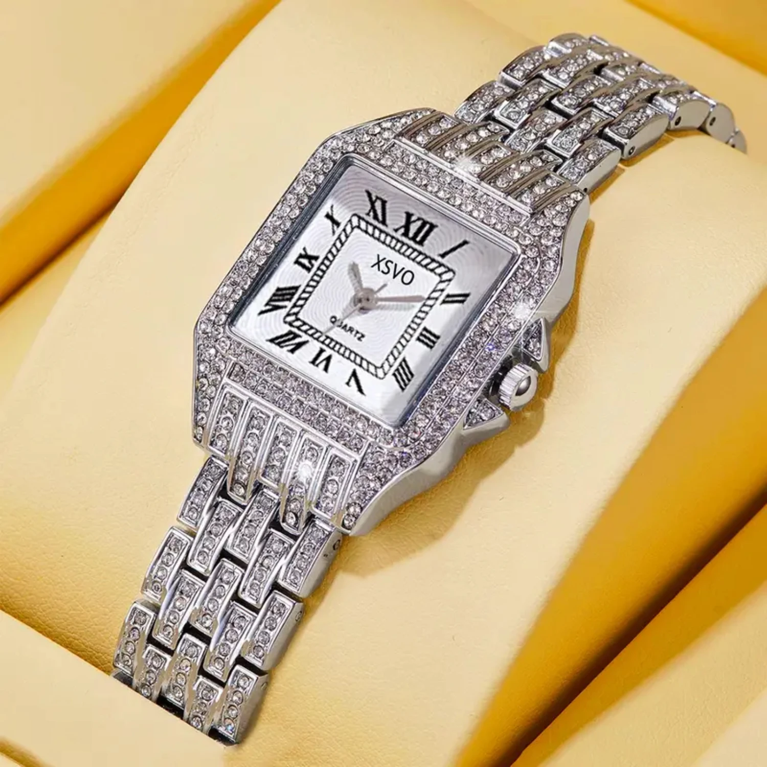 

Rhinestone Panel Large Dial Square Steel Strap Quartz Watch