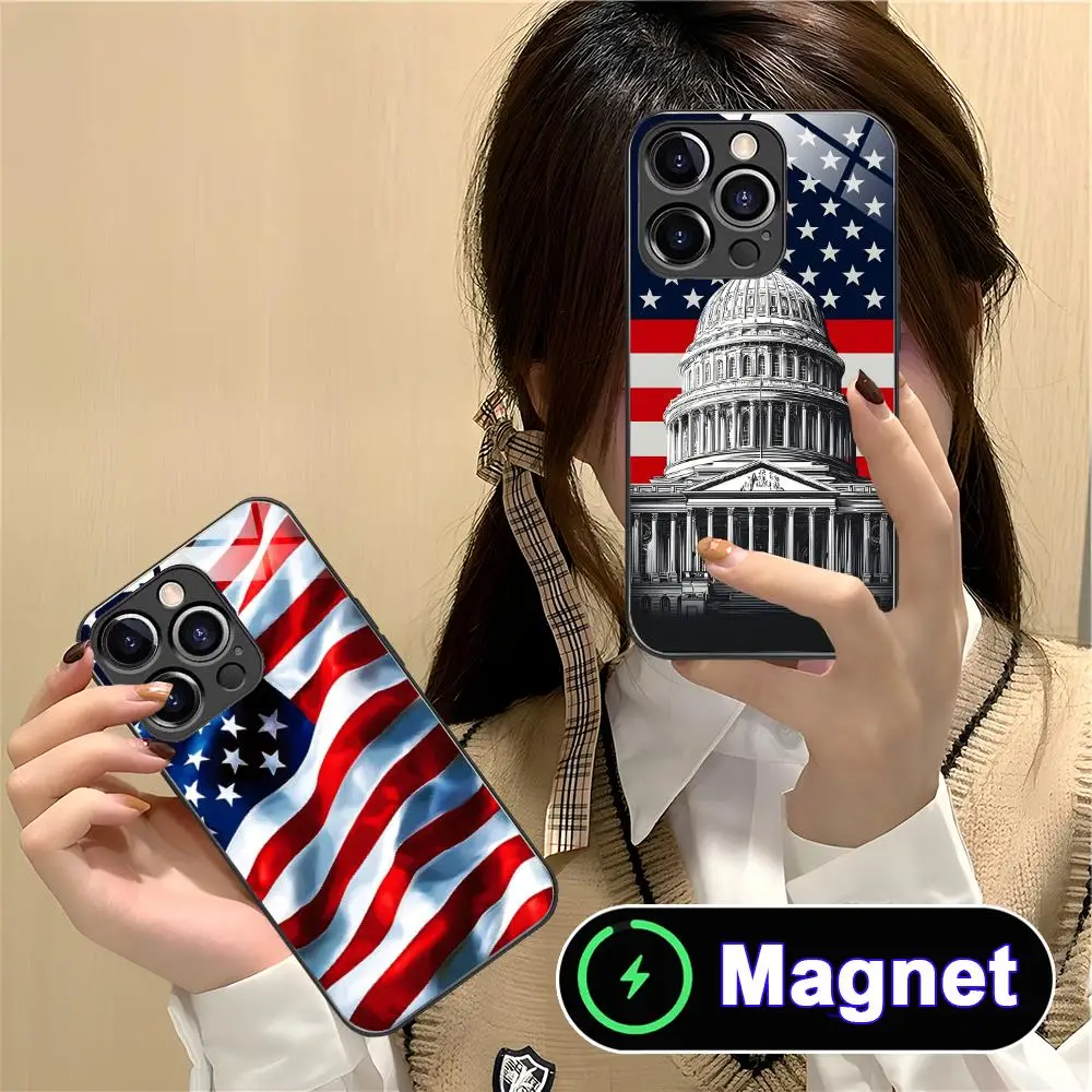 

USA America Flag Phone Case for iPhone 17 16 15 14 13 12 11 Air Pro Max Plus Mini Glass Magnet Cover
