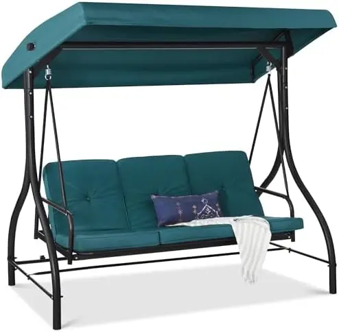3-Seat Outdoor Large Converting Canopy Swing Glider, Patio Hammock Lounge Chair for Porch, Backyard w/Flatbed