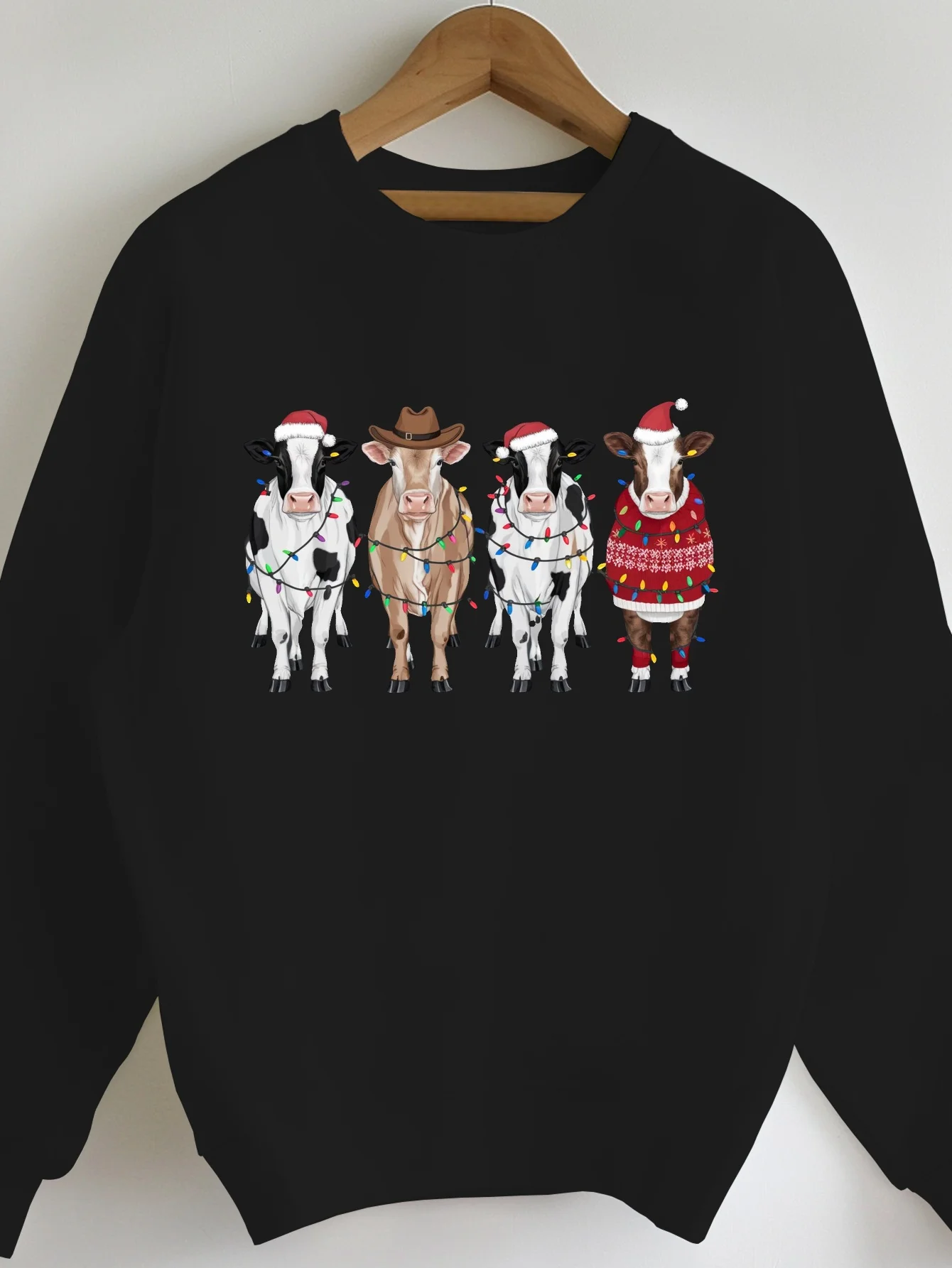 Sudadera con capucha con estampado divertido de vaca navideña creativa, ropa superior de cuello redondo a la moda y cómoda para otoño e invierno