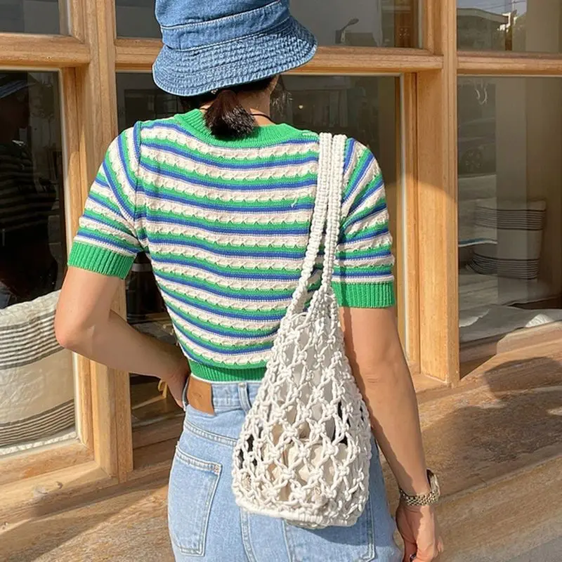 Summer Beach Bag For Women Mesh Rope Knitted Bucket Shoulder Bags  Reticulate Hollow Travel Shopper Totes Ladies Fashion Handbag