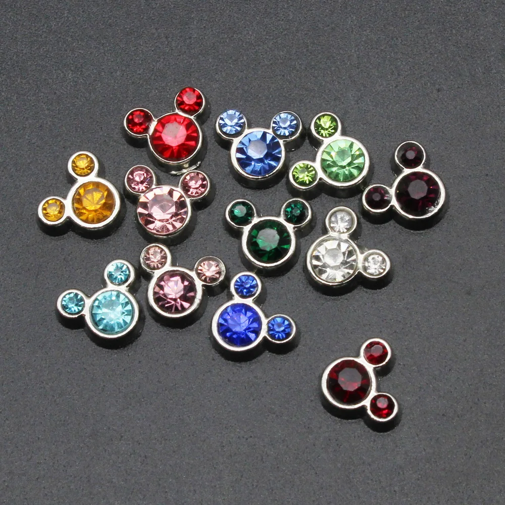 Hot Selling 120pcs/lot Mix 12 color Mouse Head Birthstone Floating Charms Living Glass Pendant Lockets