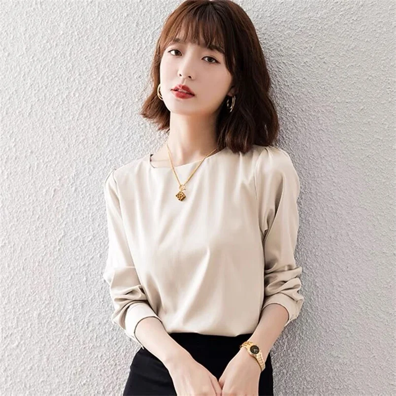 Women Shirts Long Sleeve Satin Blouse Spring/Autum 2024 O-Neck Office Lady Chic Tops Elegant Fashion 10 Colors Womens T-Shirts