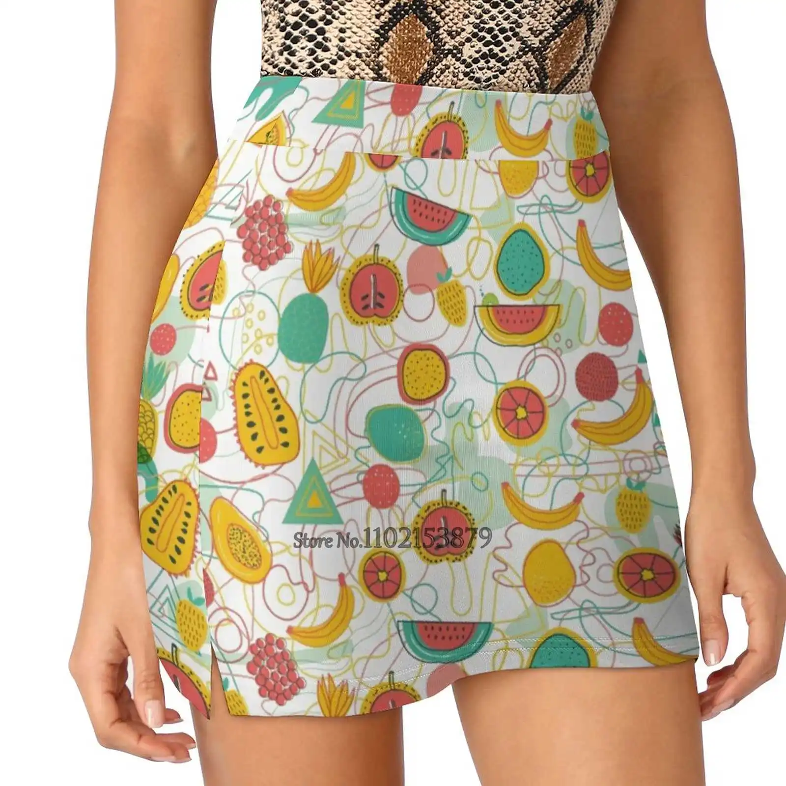 Fruit Salad New Women Skirts Double-Layer Printed Short Dress Mini Sport Skirt Fruit Pattern Summer Tropical Watermelon Banana