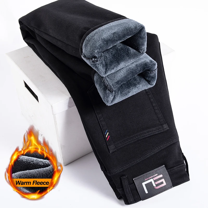 

Черные теплые флисовые мужские зимние джинсы, тонкие прямые эластичные удобные утепленные плюшевые бархатные джинсовые брюки, повседневные корейские брюки