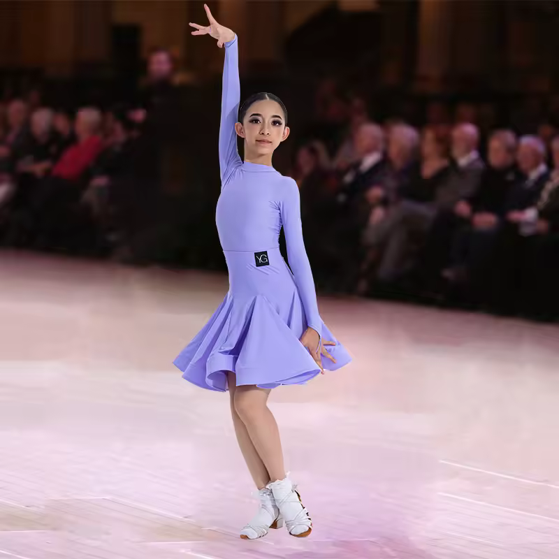 Girls Latin Dance Competition Clothing Glossy Fabric Long Sleeves Dance Dress Kids Cha Rumba Dance Practice Training Wear - Image 7