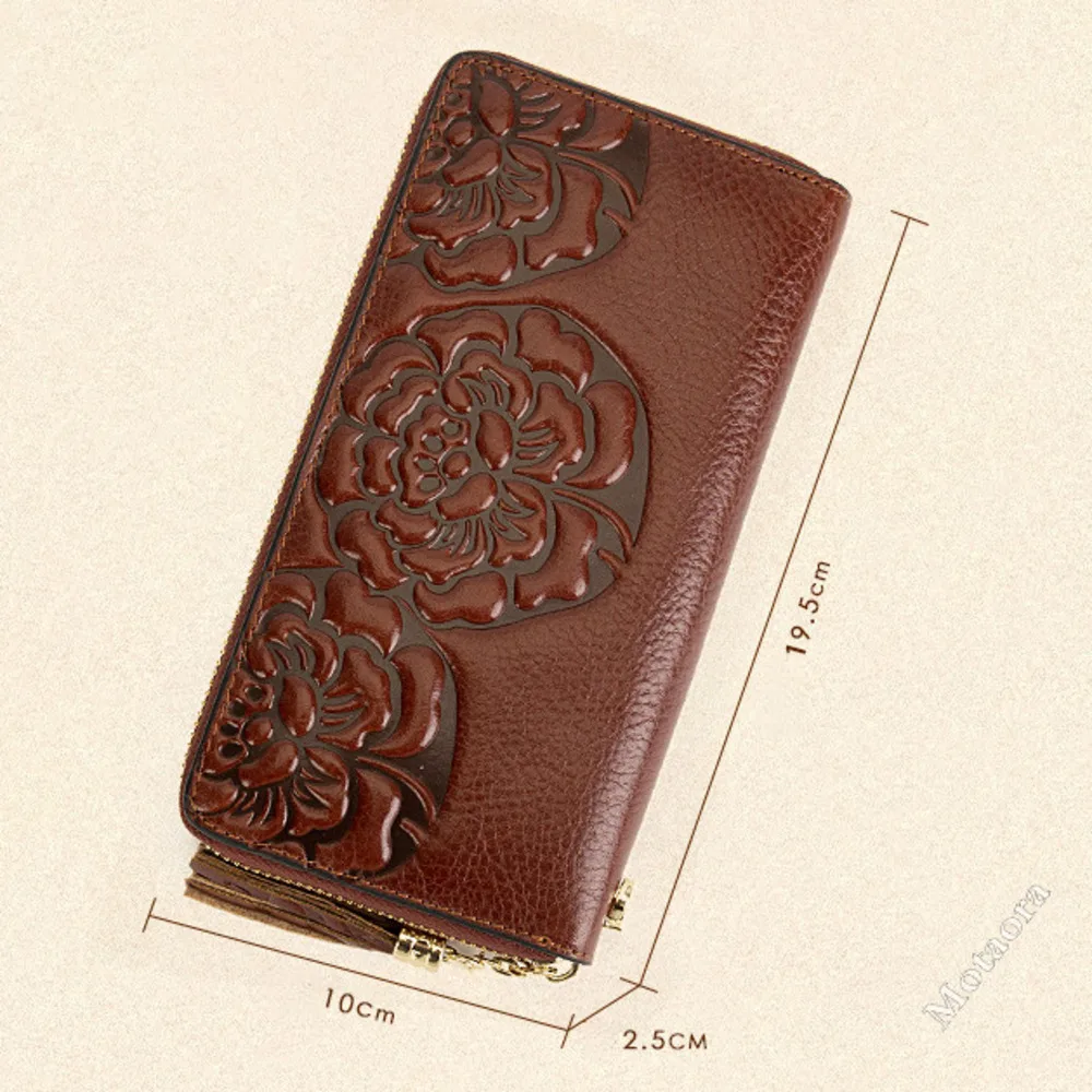MOTAORA 2025 New Vintage Women's Leather Wallet 3D Floral Clutch Bag First Layer Cowhide Zipper Genuine Leather Ladies Purse