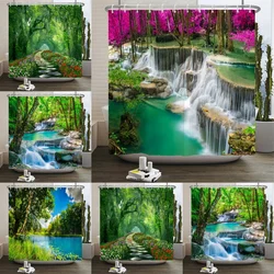 Forest Nature Landscape Waterfall Bathroom Shower Curtain High Quality Waterproof Shower Curtain Tree View Shower Curtain