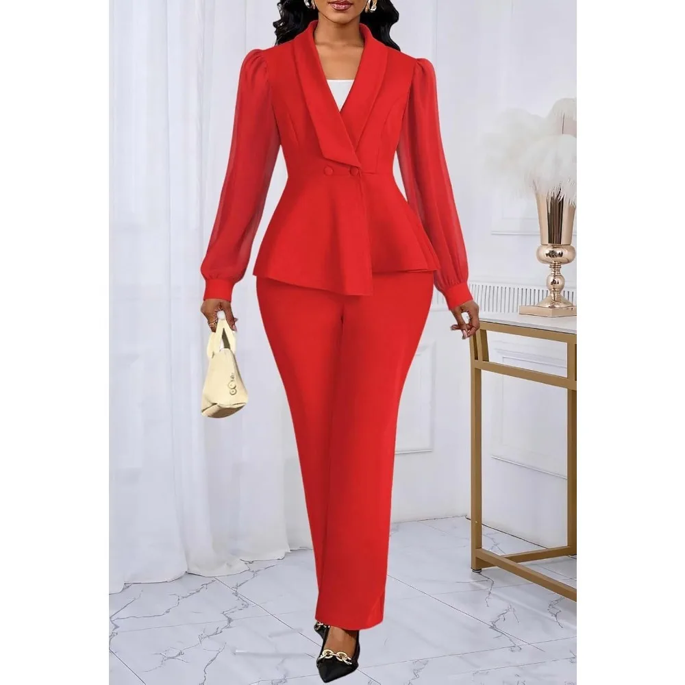 بدلات بناطيل للنساء، سترة مكشكشة بأكمام شفافة شبكية أنيقة، سراويل واسعة الساق، أطقم ملابس عمل غير رسمية