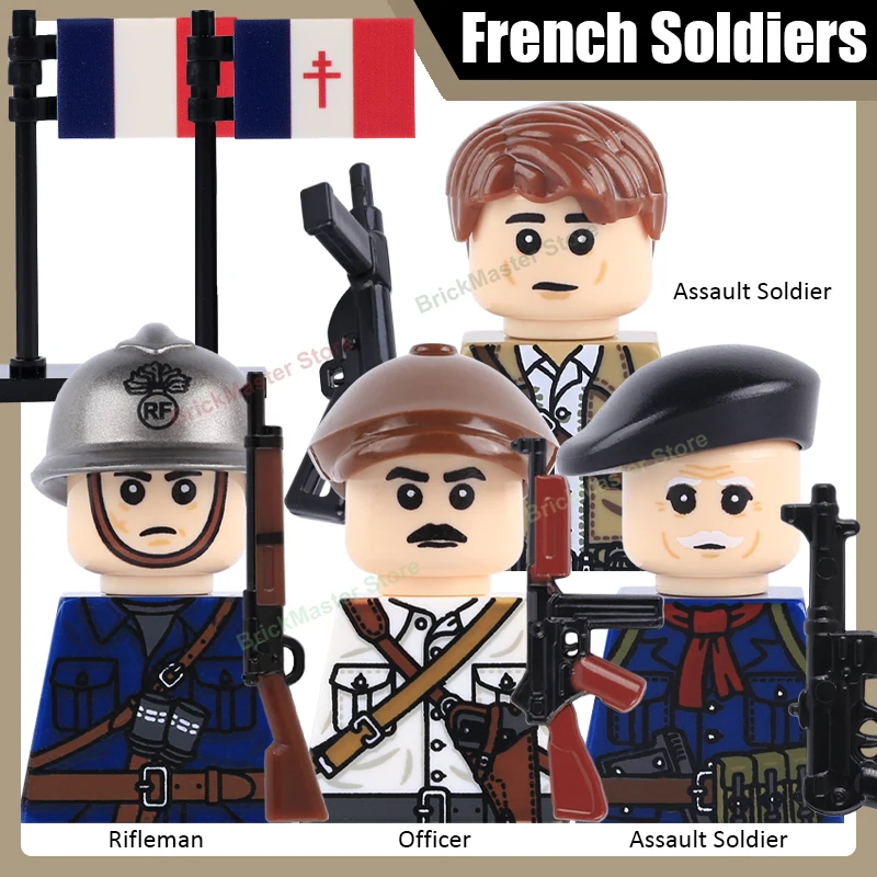 Figurines de Soldats Militaires Français : Officier, Fusilier, Soldat d'Assaut, Guerrier d'Infanterie, avec Drapeau, Casque et Accessoires – Briques de Construction Jouet