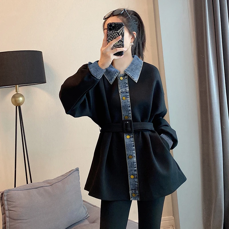 

New Black Spliced Denim Jacket For Women Spring Autumn Fit Slim Waist Up Cardigan Top With Belt New Style Single Breasted Coat