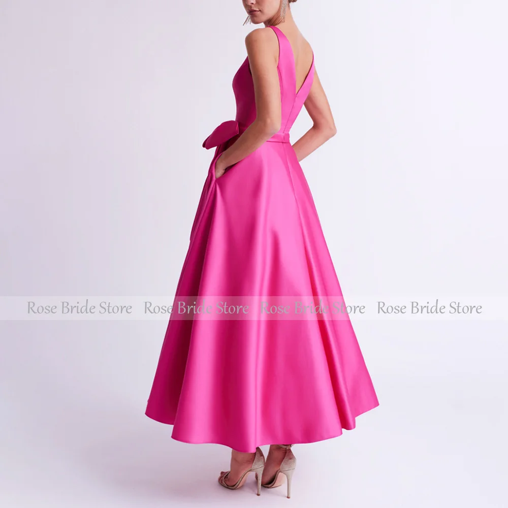 Hot Pink Wedding Guest Gowns for Women Satin V Neck A Line Mother of the Bride Dress Midi Bow Pockets Formal Evening Party 