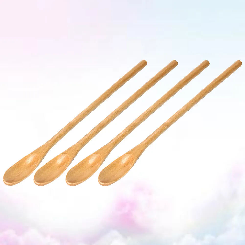 

Набор из 4 натуральных деревянных ложек для кофе, изготовленных на токарном станке, из цельного дерева, ручной работы, с длинной ручкой, для размешивания чая