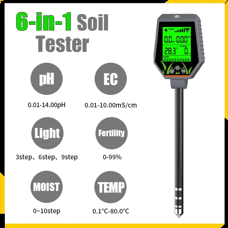 6 in 1 Multifunctional Soil Tester PH Temperature Humidity Soil Fertility Sunlight Air Moisture Detector Gardening Soli Analyzer