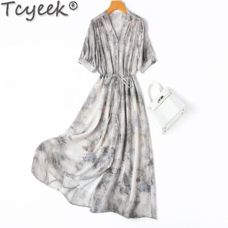 

Tcyeek 100% Mulberry Silk Beach Dress Women Clothes 2024 Elegant Women's Dresses Waist Summer Dress Lace-up Vestidos De Mujer