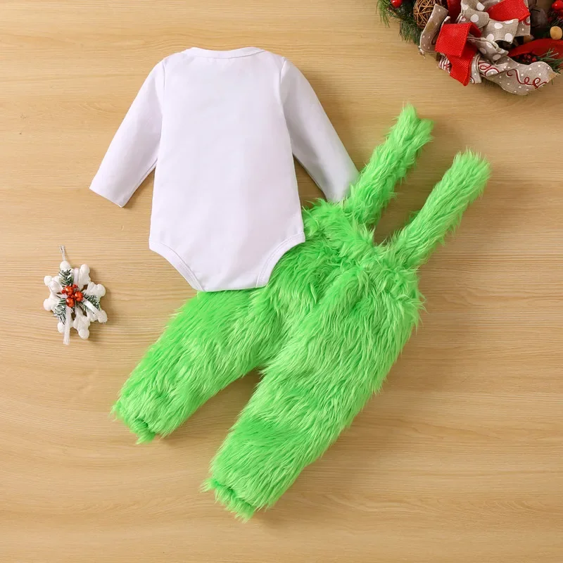 Christmas Newborn Baby Girl Boy Jumpsuit Pant Sets Letter Long Sleeve Bodysuit and Plush Suspender Pants Baby Items Clothing