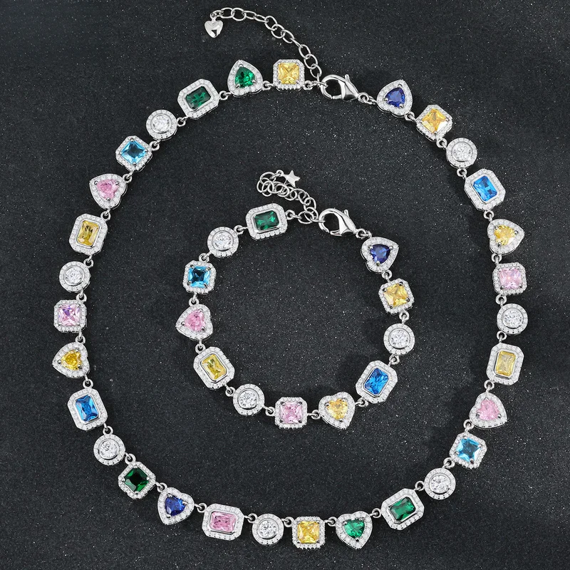 Unique street fashion men multi‑shape colorful gem tennis set adjustable necklace bracelet for rapper daily night matching looks