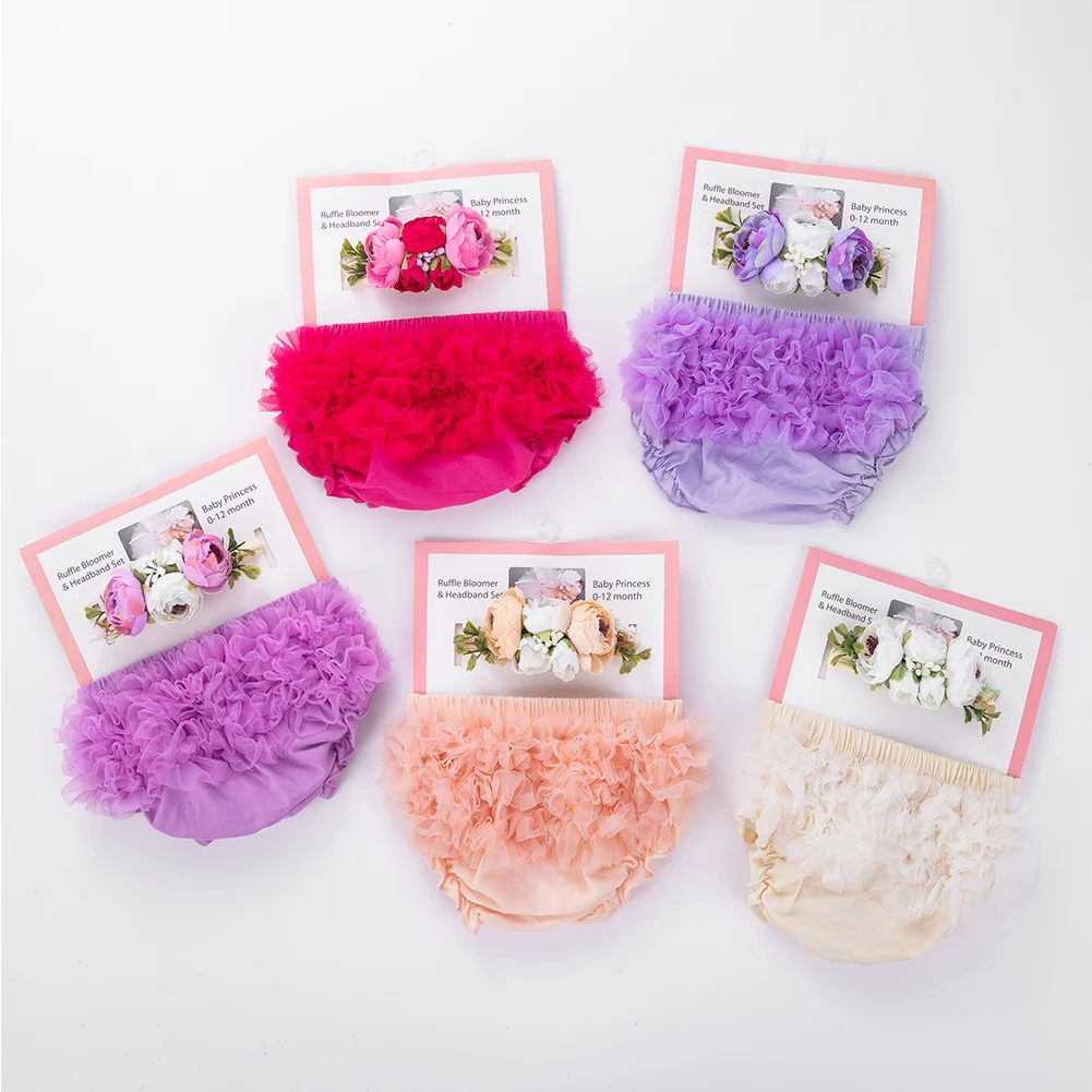 2Pcs Baby Girls Tulle Tutu Bloomers Infant Newborn Diapers Cover Short Skirts Flower Headbands 0-12M Above Knee Mini Ball Gown