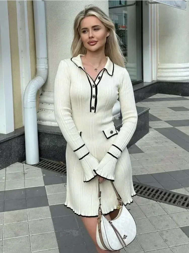 BWQ Ruffled Fashion Knit Dress Women Autumn Ribbed Contrast Long Sleeve High Waist Lapel Gown Dress Knitwear Ladies Maxi Dress