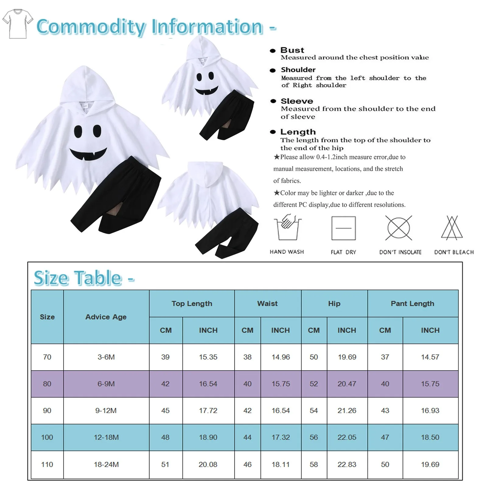 Toddler Halloween Set Jumpsuit Ghost Cape Hoodie And Black Pants Set Cape Hat Funny Cosplay Clothes Girls Boys Outfits  ﻿