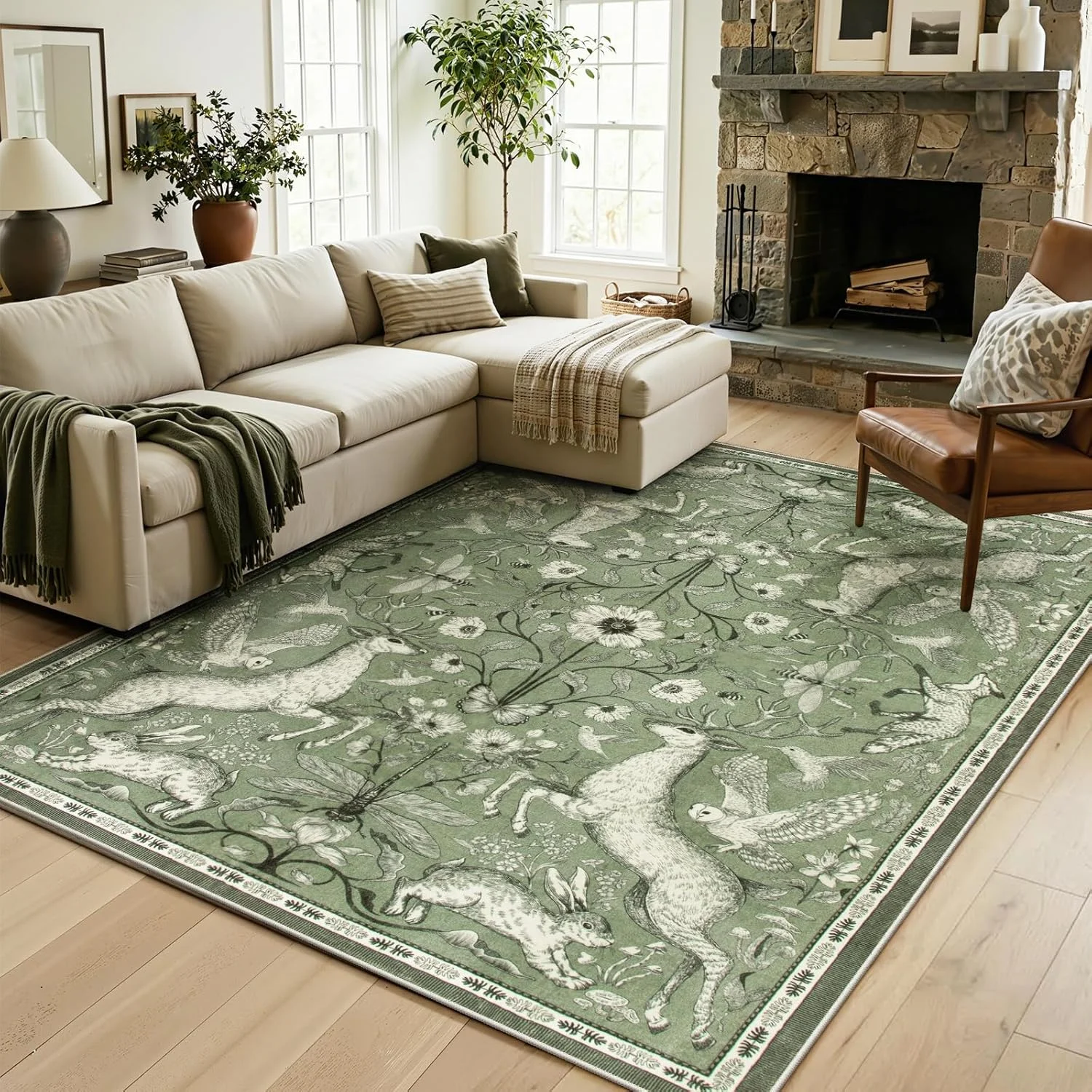 Vintage Medieval Forest Deer Rabbit Floral Border Area Rug Living Room Bedroom Home Decor Floor Mat Non Slip Carpet Gift - view 2