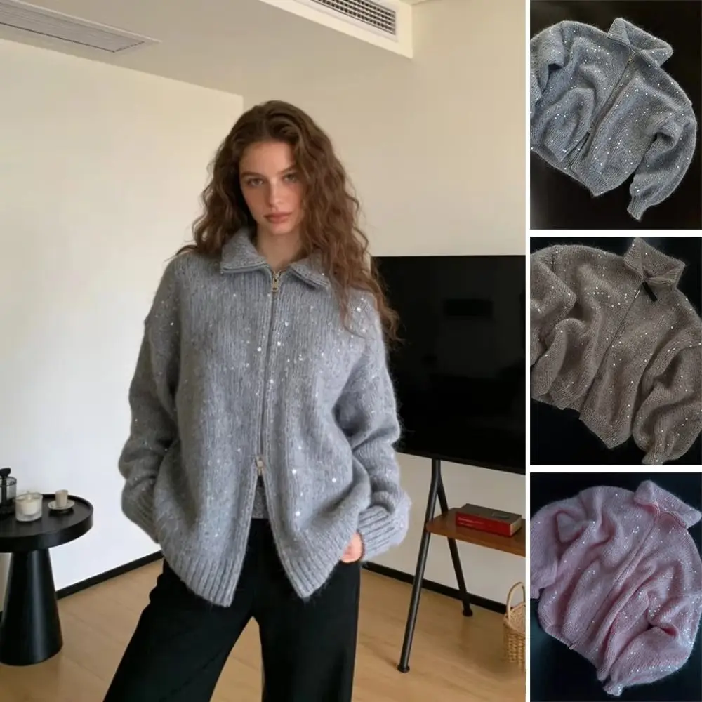 New Sparkly Sequin Sequin Knitted Cardigan Stand Collar Long Sleeve Glitter Lapel Coat Sequins Knit Sweater Autumn Winter