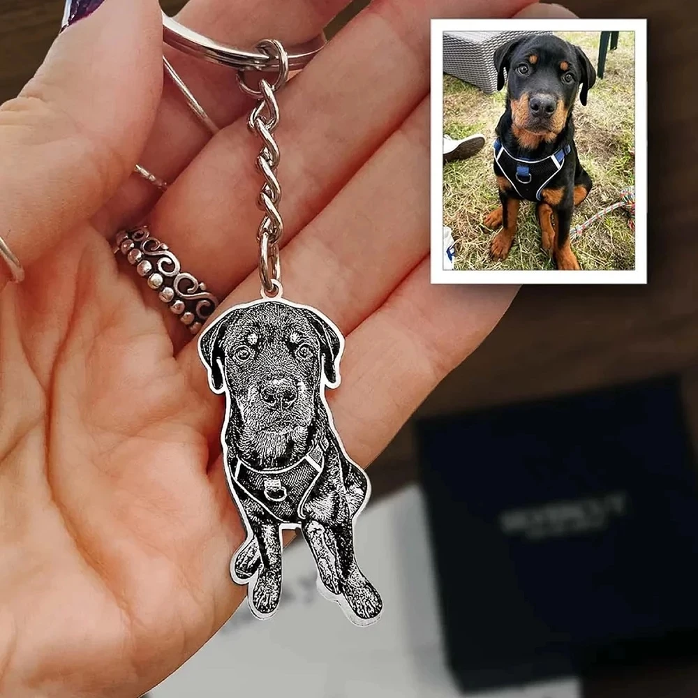 Zciti Custom Pet Portrait Keychain Engraved Pet Photo Keychain Stainless Steel Dog Tag Keyring For Memorial Best Gift