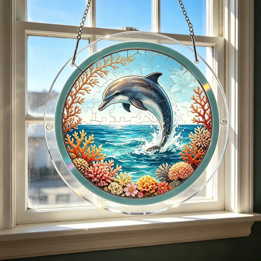 Round Window Decor Colorful Hanging Decorative Puzzle Stained Glass Sun Catcher  Acrylic Hanging Puzzle For Courtyard