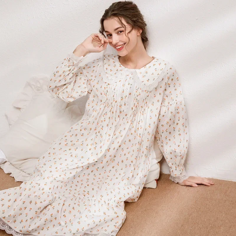 White Long Sleeve Robe Peignoir Nightwear Victorian Vintage Nightgowns Princess Sleepwear Women Pure Cotton Floral Night Dress