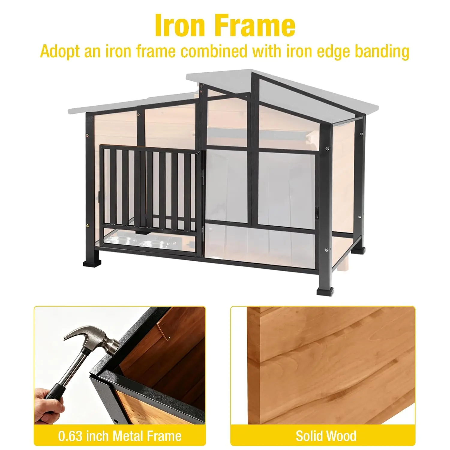 Chew-Resistant Heated Dog House with Metal Frame, Indoor/Outdoor Wooden Dog House with Waterproof Roof and, Customized