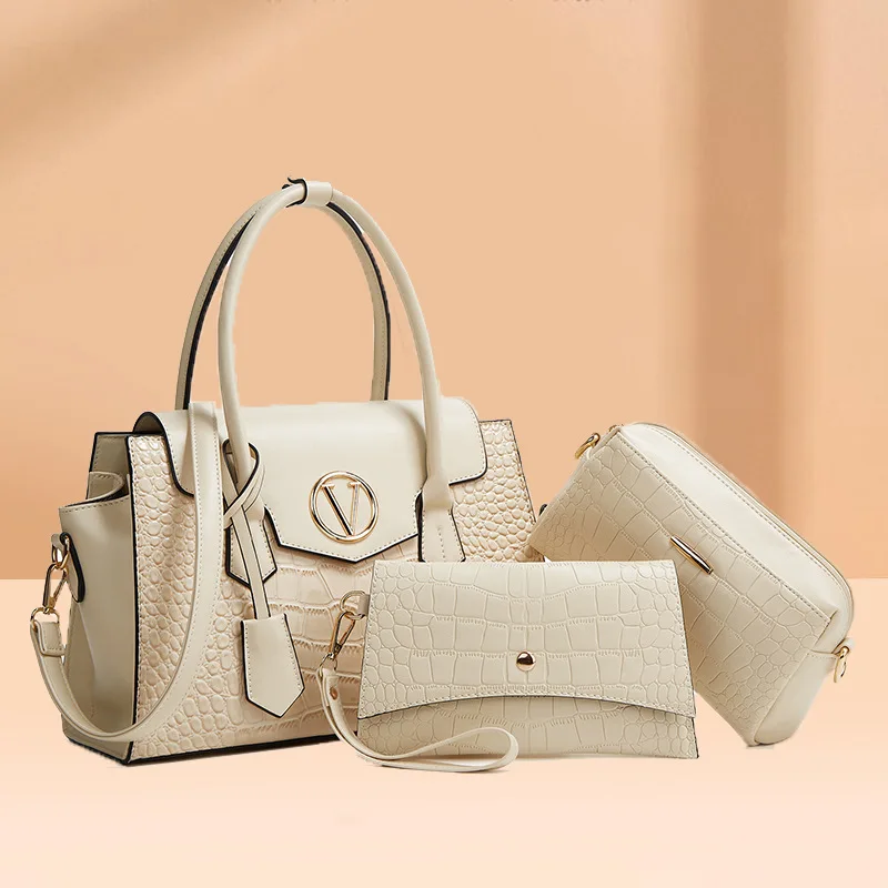 

3 PCS Bags Set Luxury PU Vegan Leather Women Fashion Trapeze Tote Top-handle Flap Croc Pattern Patchwork Shoulder Handbags Set