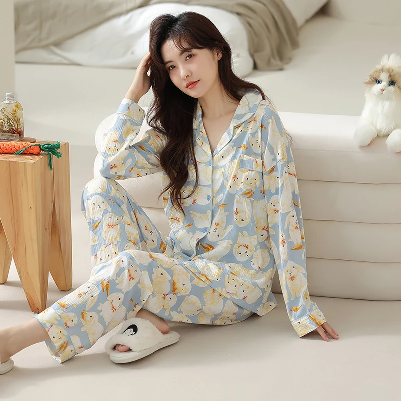 Animal Women Cotton Pajamas Set Single Breasted Long Sleeve Button-Down Sleepwear Loungewear Cute Cartoon Pyjamas Female XXXXL