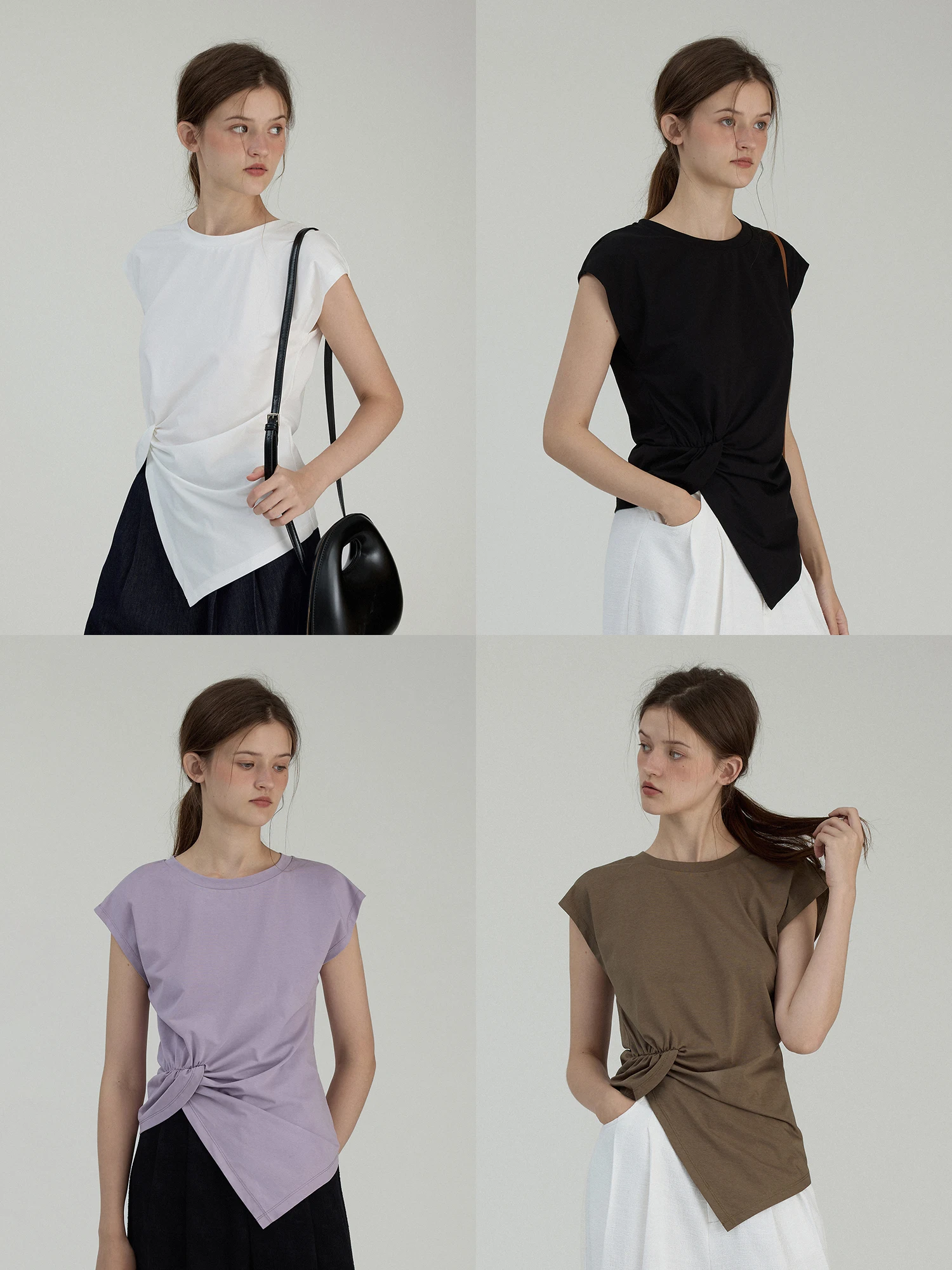 Breathable Slimming Cotton Blend Short Sleeve T-Shirt Women's Twist Design Split T-Shirt Comfortable Cotton Polyester Blend Top